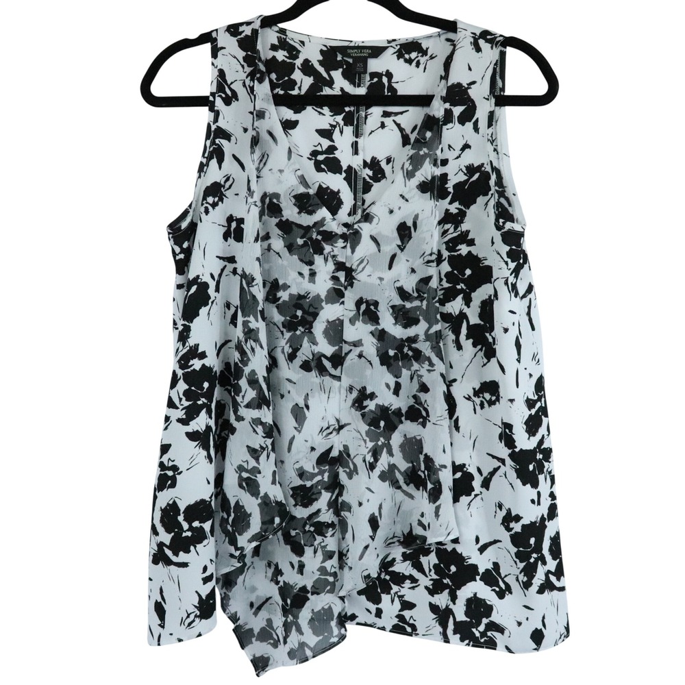 Simply Vera Vera Wang White Black Floral Sleeveless Tank Drape Front Womens XS